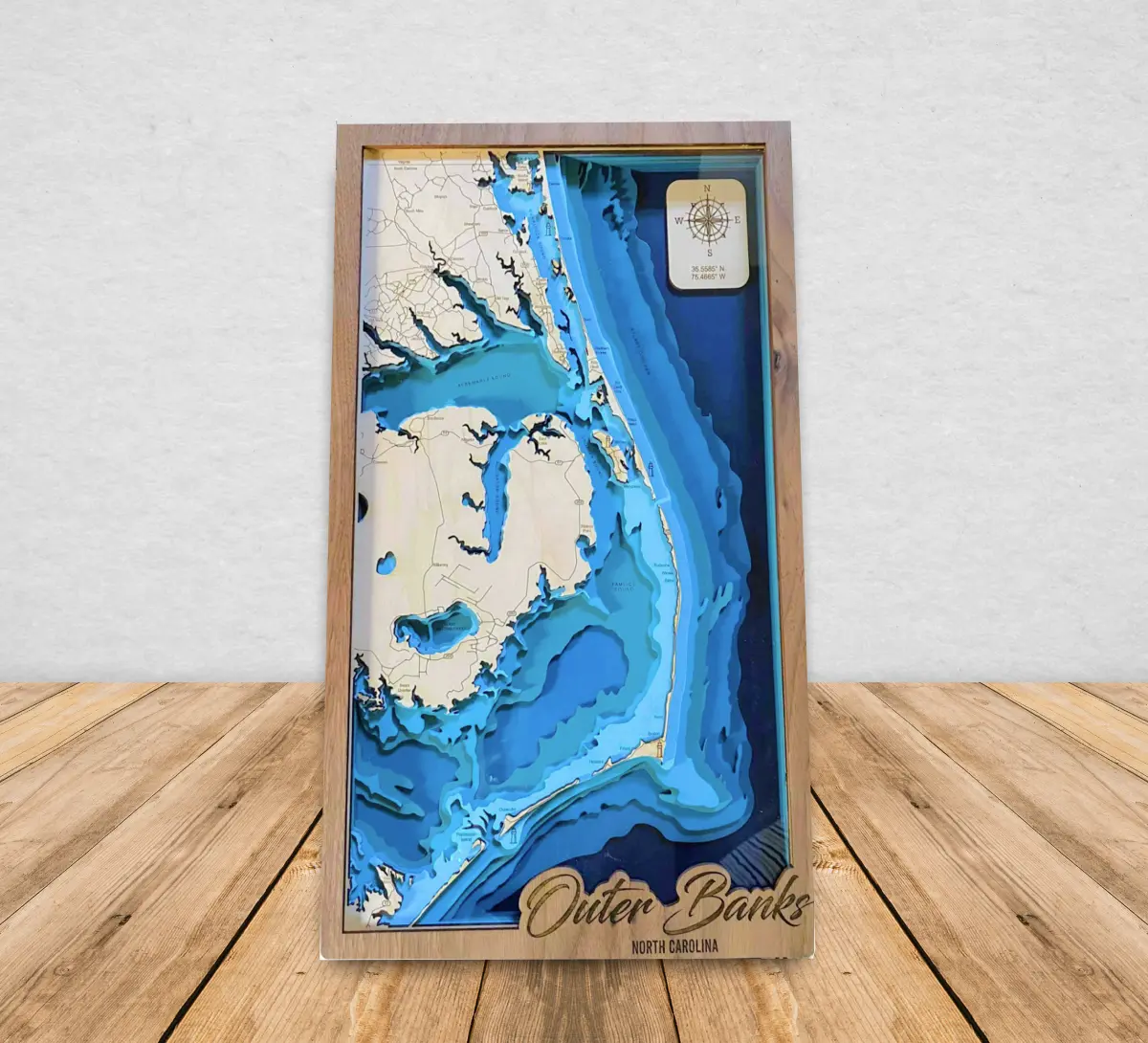 Stacked Map North Carolina Outer Banks Sign 3D Cut Wood Angel Tree Designs