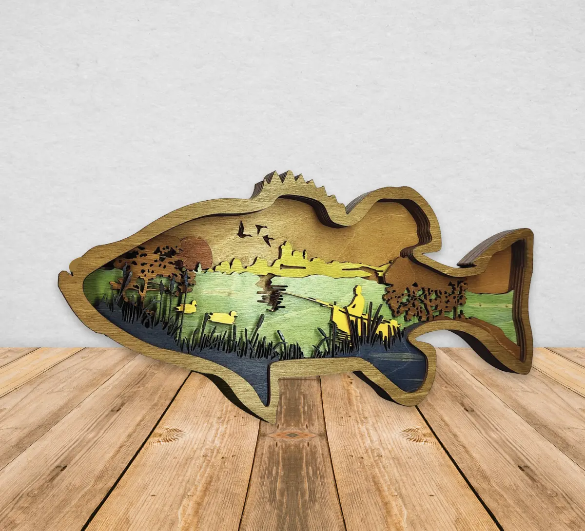 Fishing on a Lake 3-D Interior Design Wood Engraving Angel Tree Designs