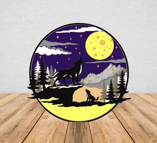 Moonlit National Parks Howling Wolf Moon Wooden Layered Laser Cut 3-D Sign Decor Angel Tree Designs