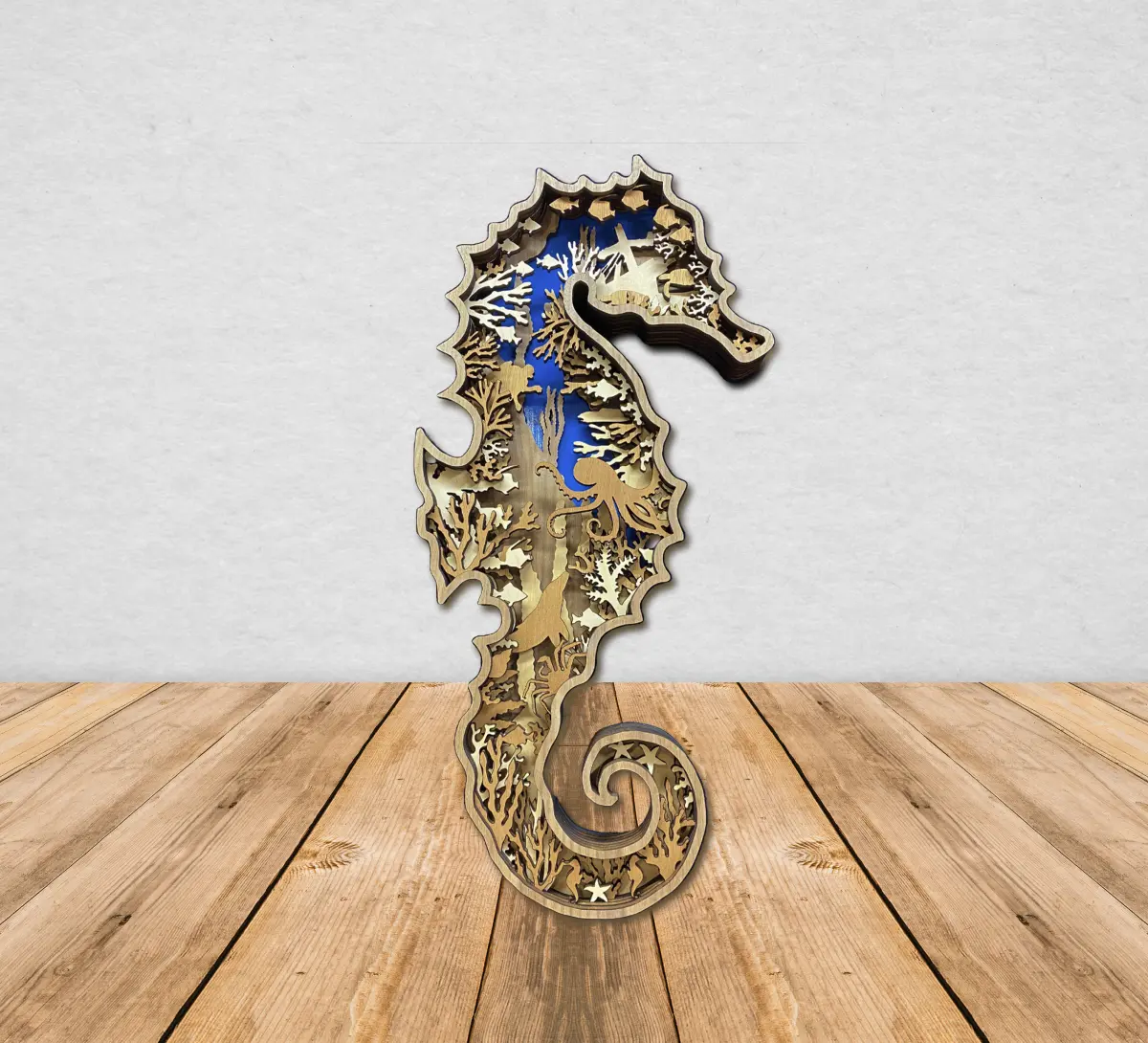 Seahorse with Coral Reef 3-D Interior Wood Cut Design Beach House Gift Angel Tree Designs
