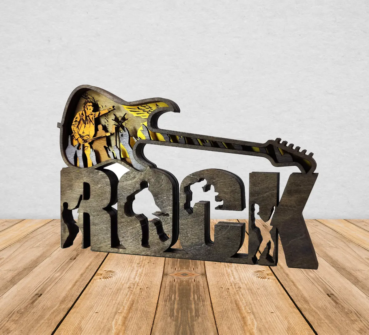 Stacked Electric Guitar Rock Sign 3-D Cut Wood Angel Tree Designs