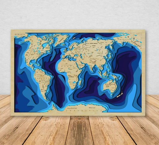 World Map 3-D Oceans Topographical Wood Cut Piece Angel Tree Designs