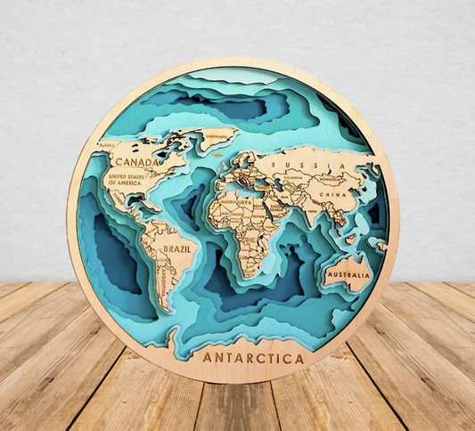 World Map Circular 3-D Oceans Topographical Wood Cut Piece Angel Tree Designs