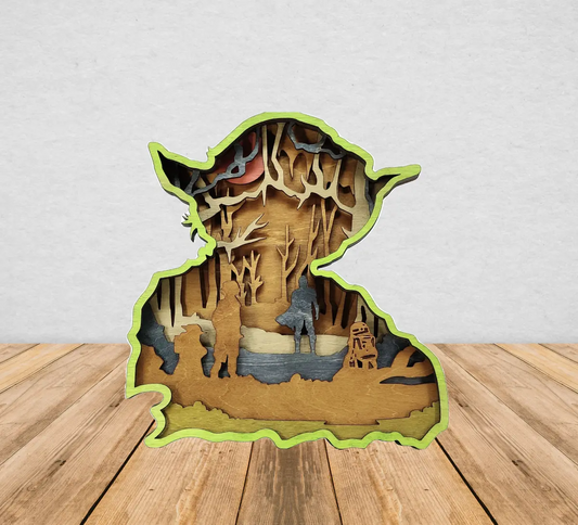 Yoda Silhouette with Dagobah R2-D2 Starwars interior Laser Engraved 3-D Interior Home Decor Office Gift Angel Tree Designs